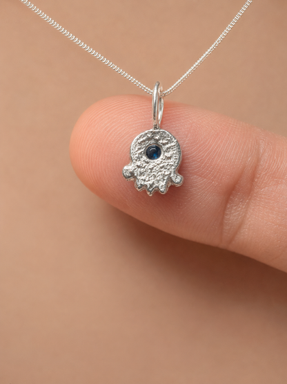 Hamsa Pendant With Lab Sapphire in Silver